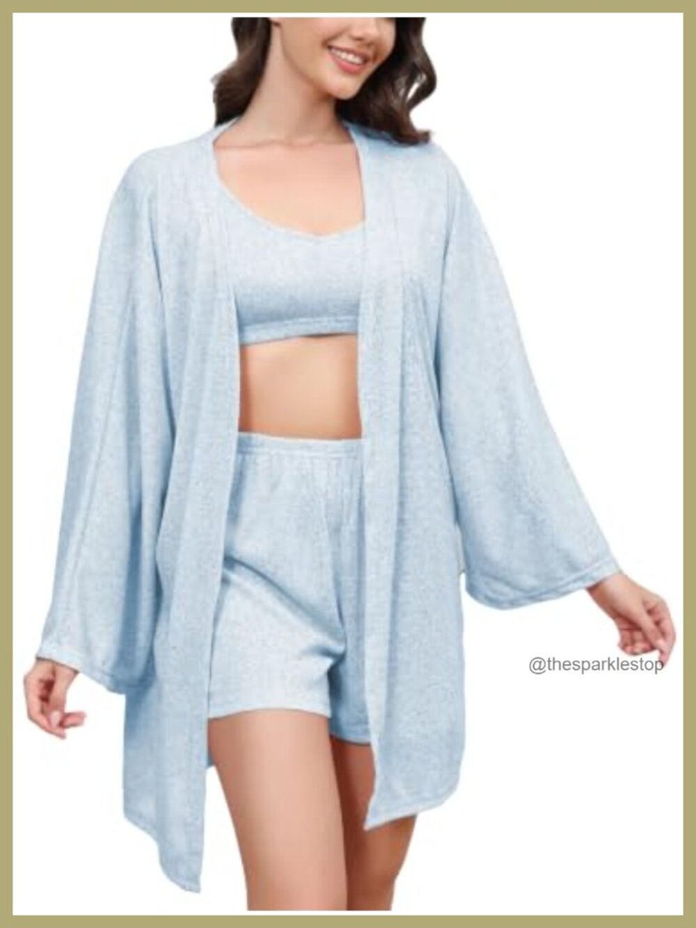 3 Piece Womens Pajama Set Knit Lounge Shorts Bralette Robe Sleepwear Pjs
